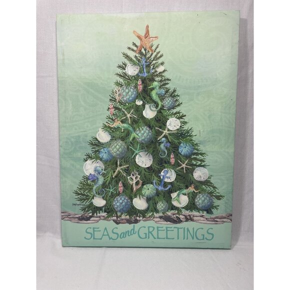 Coastal Christmas Wall Art "Seas and Greetings" Beach Tree Sign 18x12 Picture - Picture 7 of 9